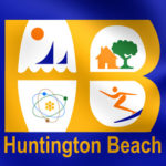 43045643 - 3d flag of huntington beach city, california, usa. close up.